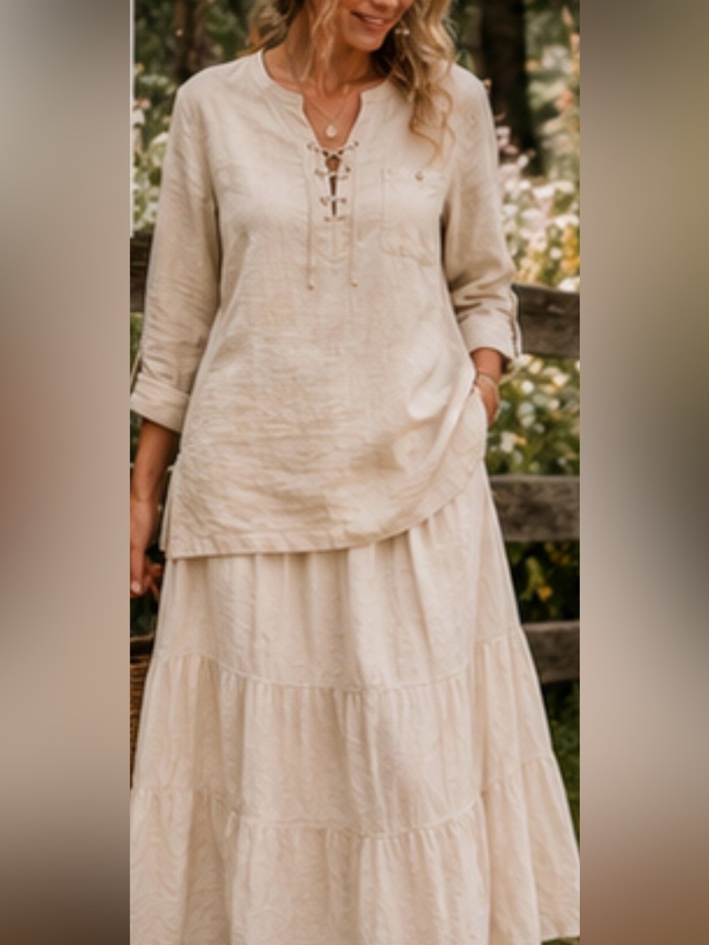 Vintage Tweeds 100% Linen Lace Up Tunic Top XL Oatmeal Split Hem Boho